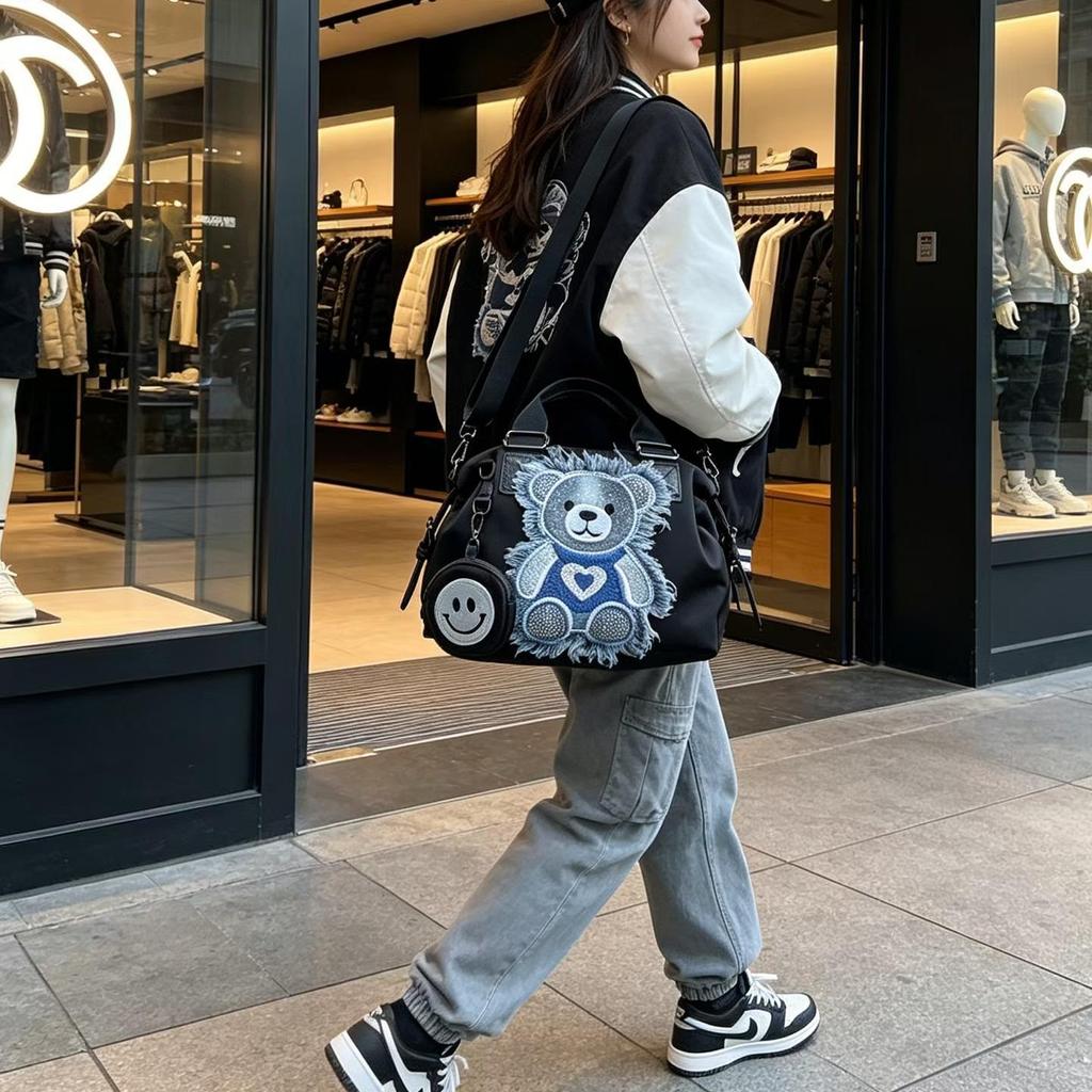 Fashion Bag Women's New Handbag Tote Bag Waterproof Nylon Shoulder Bag Cute Bear Sticker Versatile Messenger Bag with Small Bag