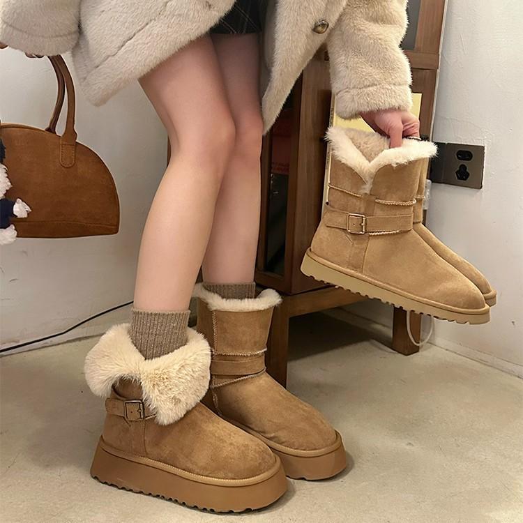 Wool version~ thick-soled snow boots winter new round head versatile velvet thickened two wear turned hair short tube snow cotton