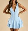 Pink deep V fishbone dress sleeveless double-layer ruffle edge waist thin Spice girl skirt