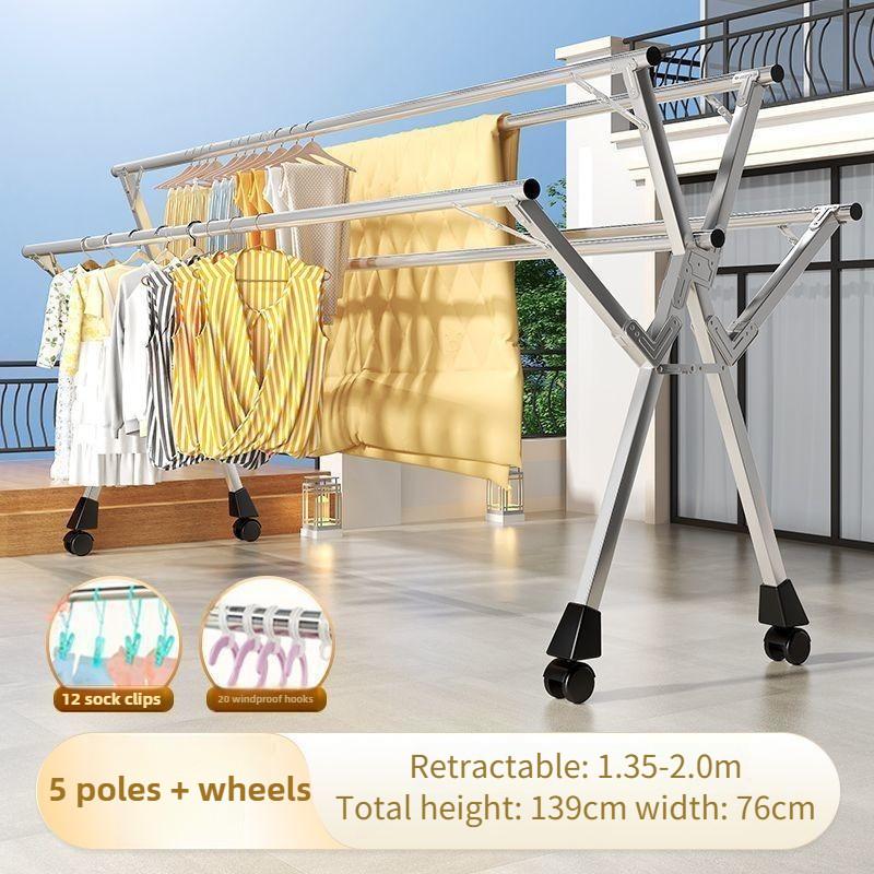 Household Foldable Clothes Hanger Rack Balcony 5 Pole Extendable Clothes Drying Tool Stainless Steel Clothes Drying Rack