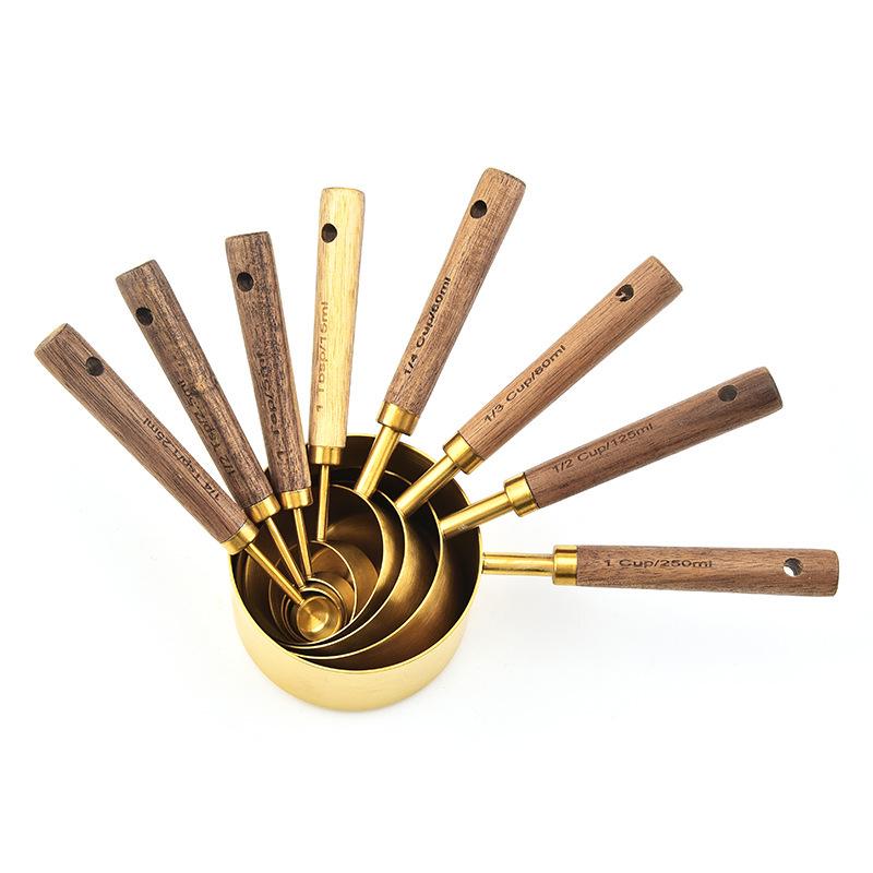 Acacia Wood Handle Stainless Steel Measuring Cups & Spoons Set - 8-Piece for Baking & Bartending