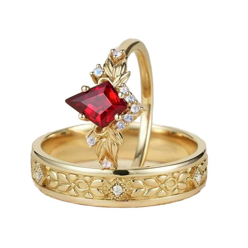 European and American Style Couples' Rings: Imitation Gold with Red Gemstone Alloy Wedding Set