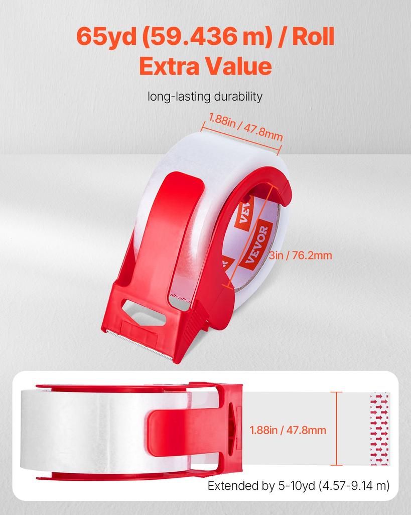 VEVOR Clear Packing Tape, 3 Inches Core, 6 Rolls 1.88 Inches X 65 Yards Packing Tape with Dispenser