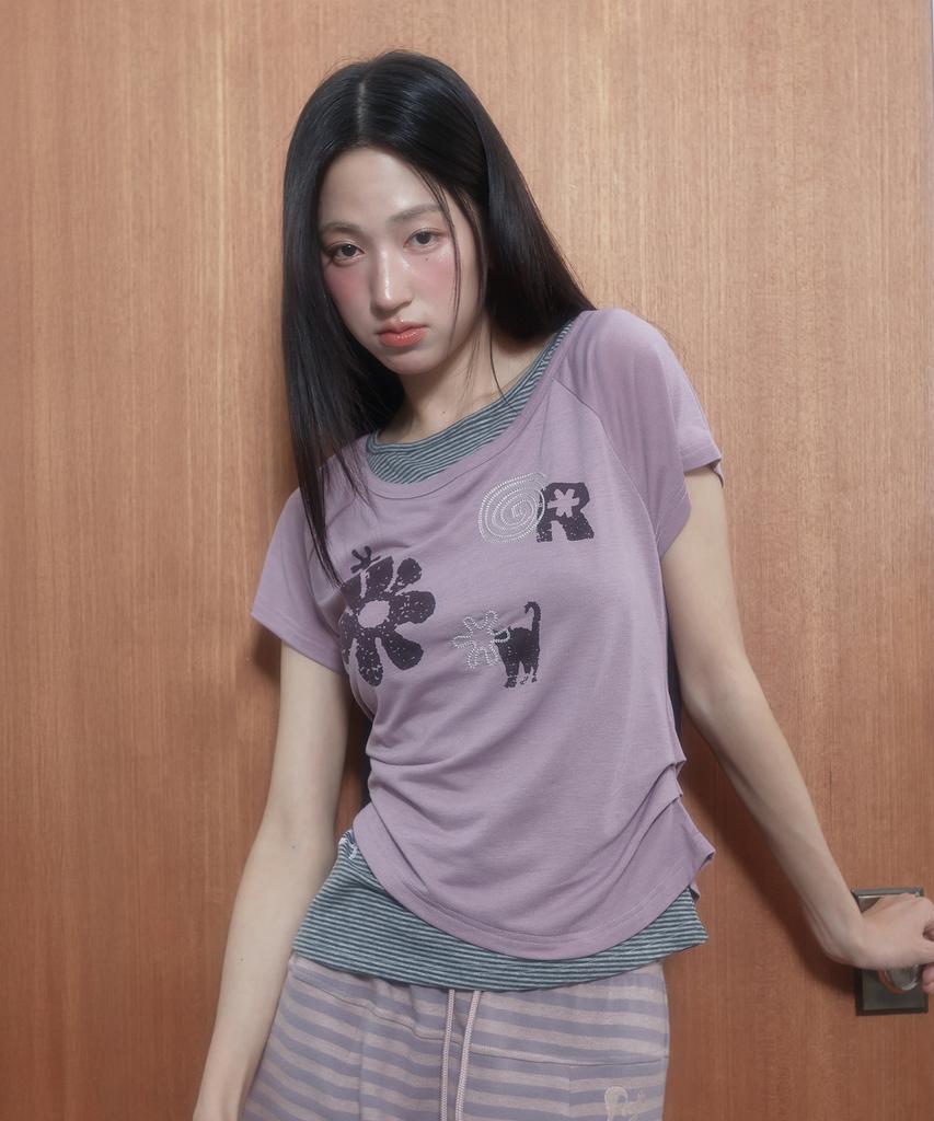 LMR Motif Embroidered Striped Layered T-Shirt Purple Pink