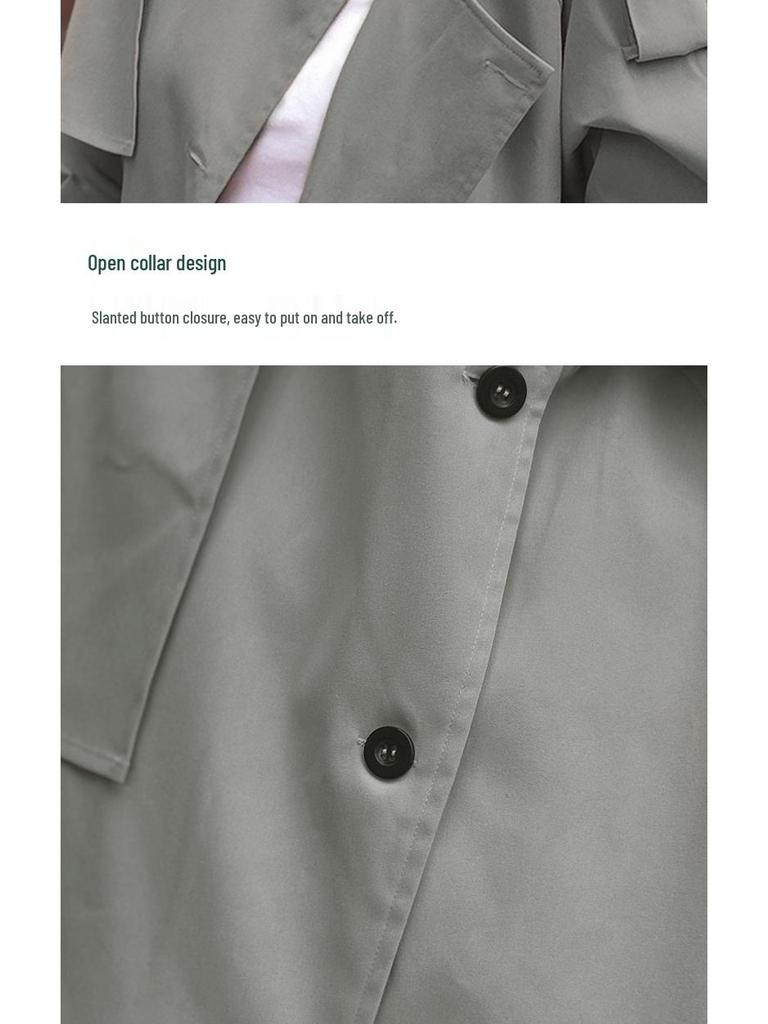 Petite Women's Retro Korean Barn-Style Loose Trench Coat, Autumn 2025 Collection, Single-Breasted with Unique Collar Design