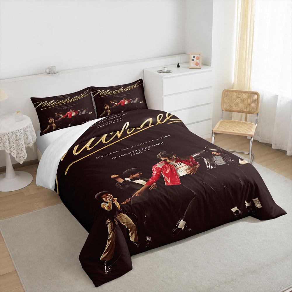 Michael Jackson Making of a King Bedding Set, MJ in Red Jacket Dancing with Dancers on Warm Brown