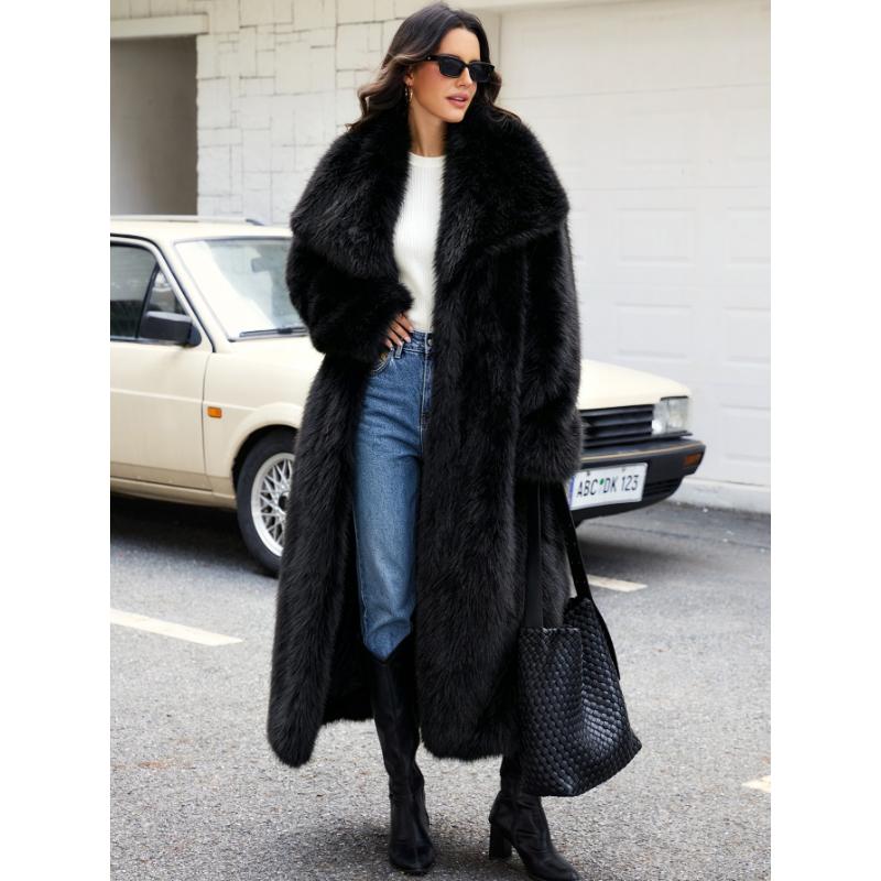 Shaggy Faux Fur Warm Maxi Overcoat for Women Luxury Lapel Open Front Fluffy Winter Parka Outwear Long Jackets Women's Long Sleeve Shawl Collar Coats