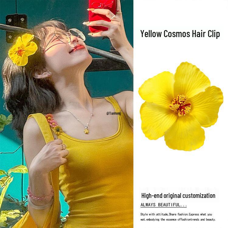 Yellow Frangipani Hibiscus Hair Clip - Tropical Beach Vacation Accessory