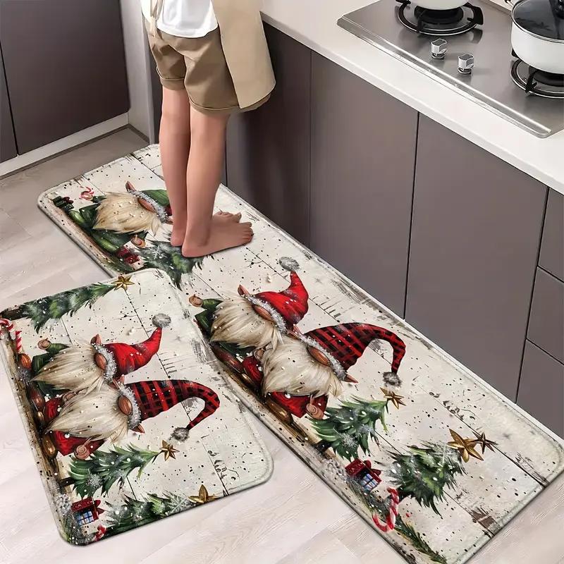 2-Piece Christmas Rug Set White-Bearded Father Christmas Design Kitchen Mat Entrance Doormat Non-Slip Festive Home Decor