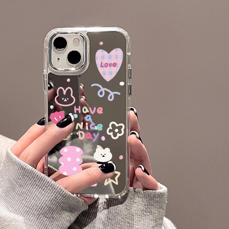 Cute Love Heart Makeup Mirror Phone Case For IPhone 17 17E 16E 16 15 Pro 11 12 14 13 Pro Max  Shockproof Bumper Cover