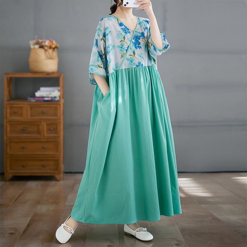 

Dimanaf 2025 Женское Летнее Платье Больших Размеров Повседневное Базовое Винтажное Плиссированное Платье Свободное Длинное Цветочное Печать Макси One Size синий