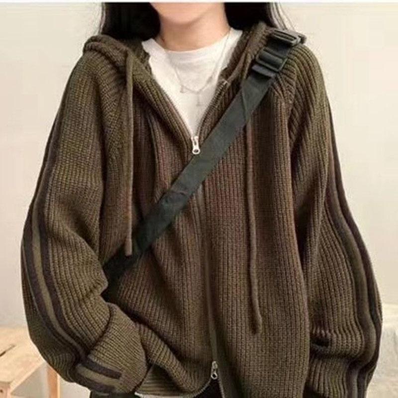 Harajuku Double Zipper Hooded Knitted Cardigans Women Autumn Winter Thicken Warm Sweater Coat Loose Long Sleeve Knitwear Jacket