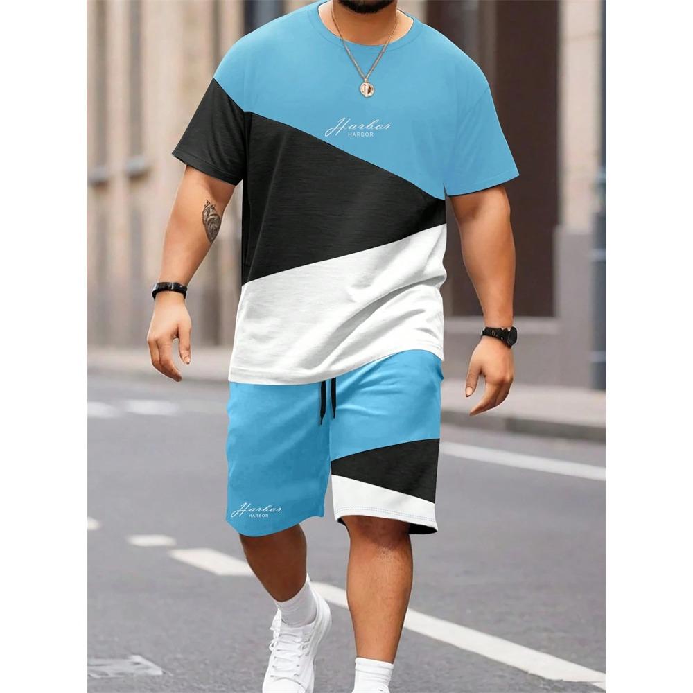 Tricou de vară patchwork monogramat bărbați gât rotund mânecă scurtă pantaloni scurți cu șnur trening îmbrăcăminte fotografie stradală în aer liber