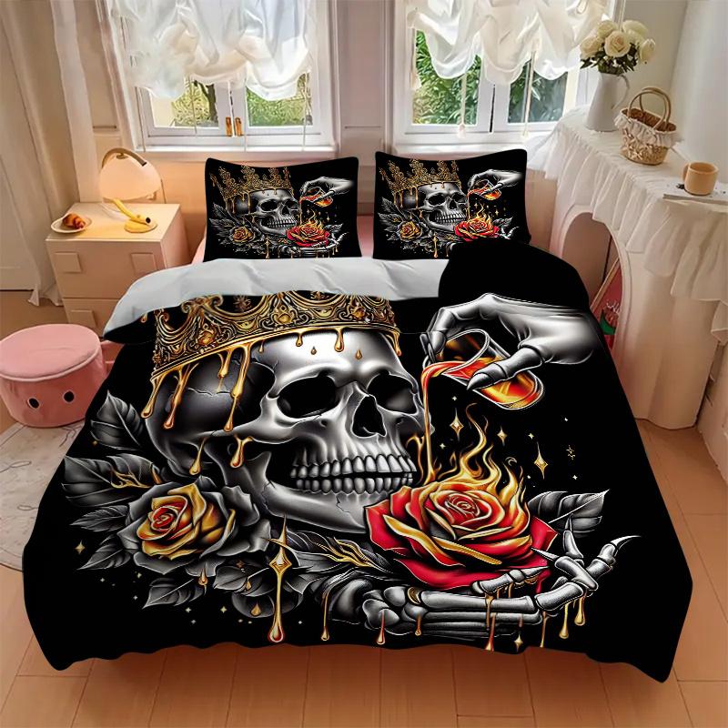 3pcs Golden Crowned Skull with Roses Quilt Cover Set - Soft and Cozy Bedroom, Guest Room and Dorm Decorative Bedding