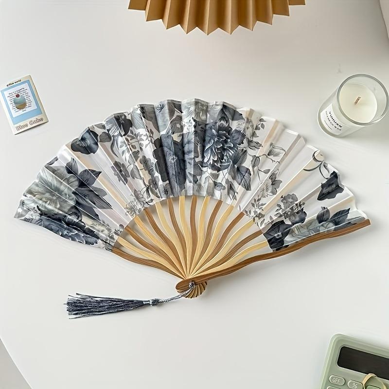 Traditional Chinese Ink Painting Folding Fan Portable Bamboo Cloth Hand Fan with Floral Pattern and Tassel for Qipao Accessory
