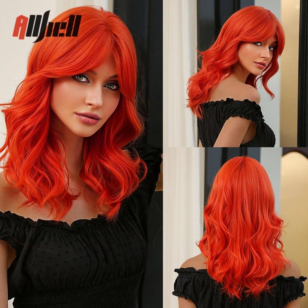 Shoulder Long Copper Ginger Wig Orange Synthetic Water Wave Wigs for Women Heat Resistant Daily Halloween Cosplay Wig with Bangs