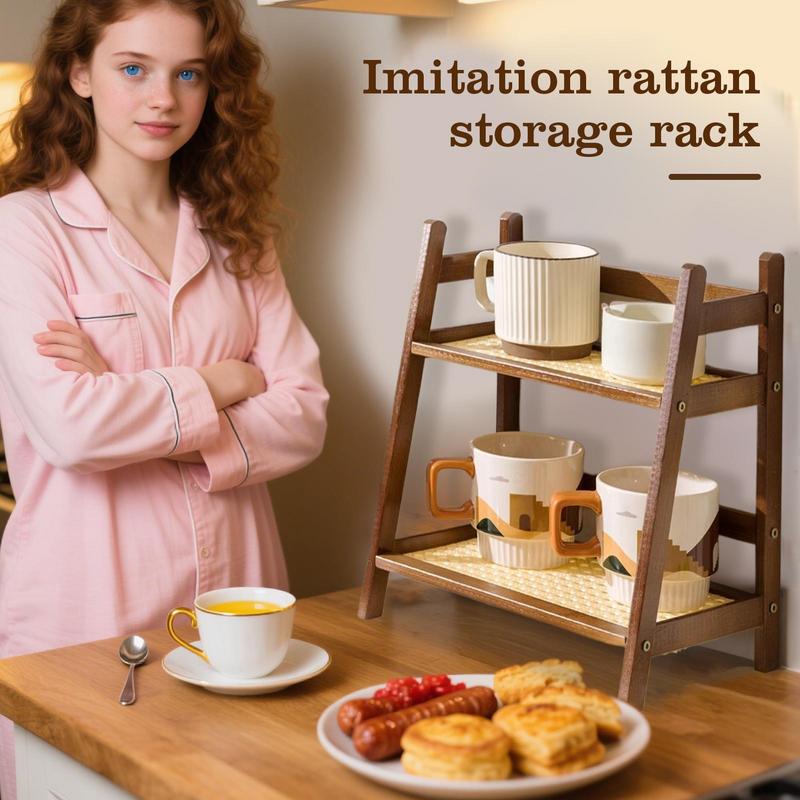 Coffee Mug Organizer 2-Tier Mug Holder Rack Coffee Bar Organizer Imitation Rattan Style Desktop Storage Shelf Water Bottle
