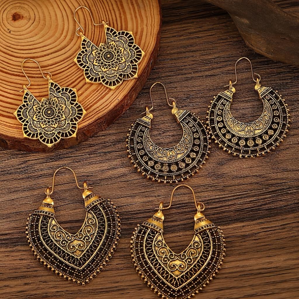 Vintage Boho Style Hollow Floral Hoop Earrings for Women Men Ethnic Unique Design Fashion Gold Color Dangle Earring Jewelry Gift