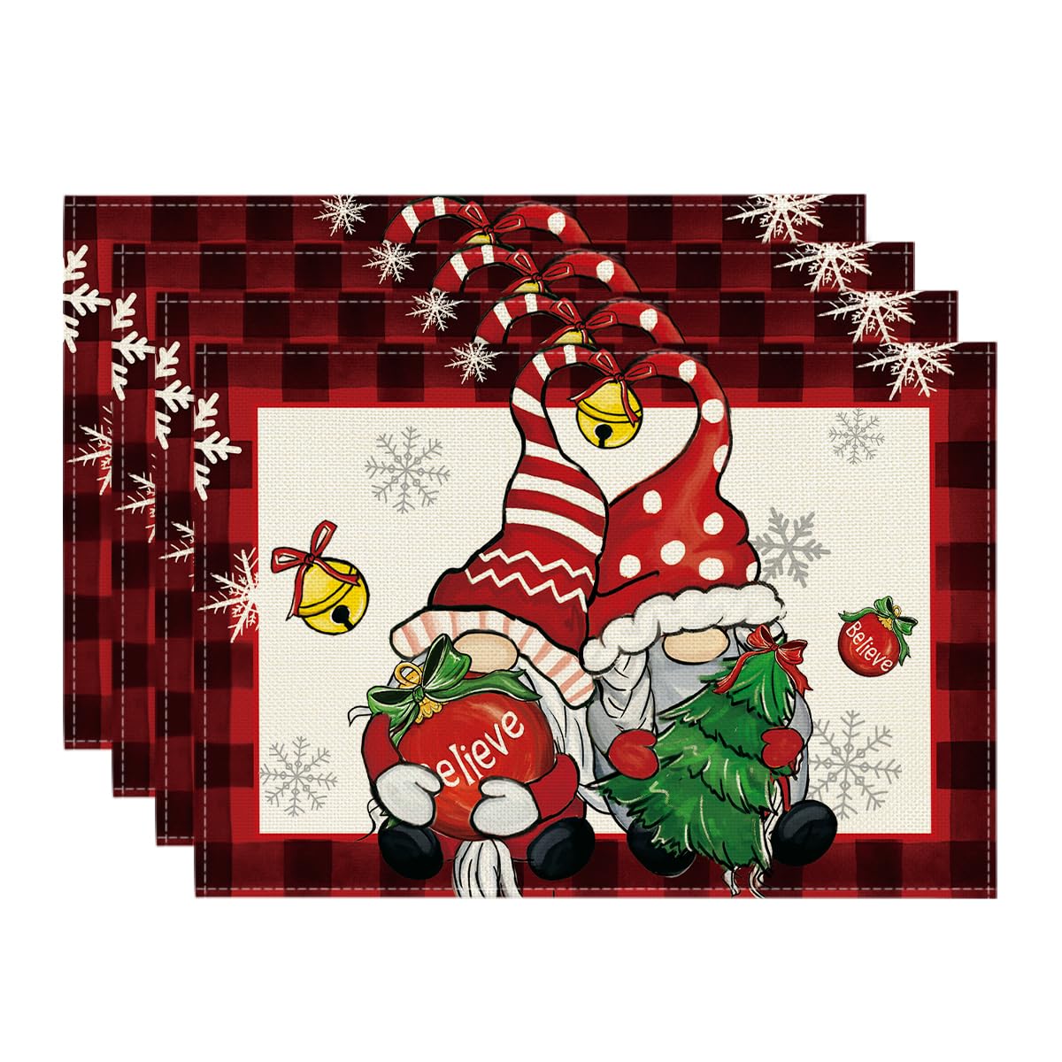 

Gnomes Believe Xmas Balls Christmas Placemats Set of 6, 12x18 Inch Seasonal Winter Snowflake Table Mats for Party Kitchen Dining Decoration 12 x 18 , Rectangular 4 Pcs