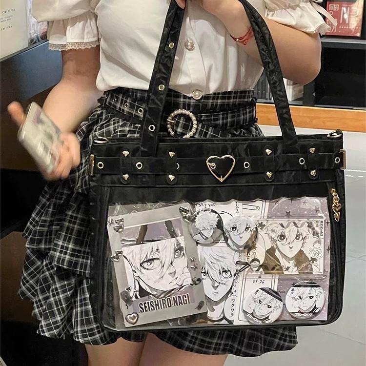 Color Solid Heart Shaped Decor Women Tote Bag With Transparent Compartment