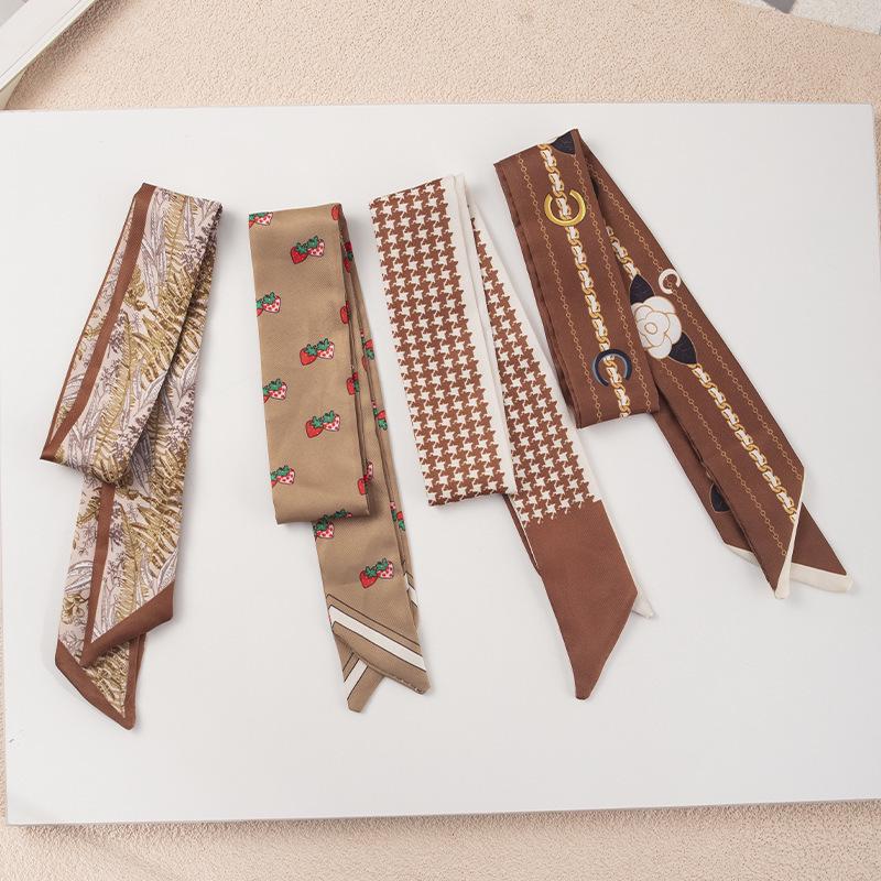 Brown Camellia Retro French Silk Scarf Headband Streamer Hair Tie