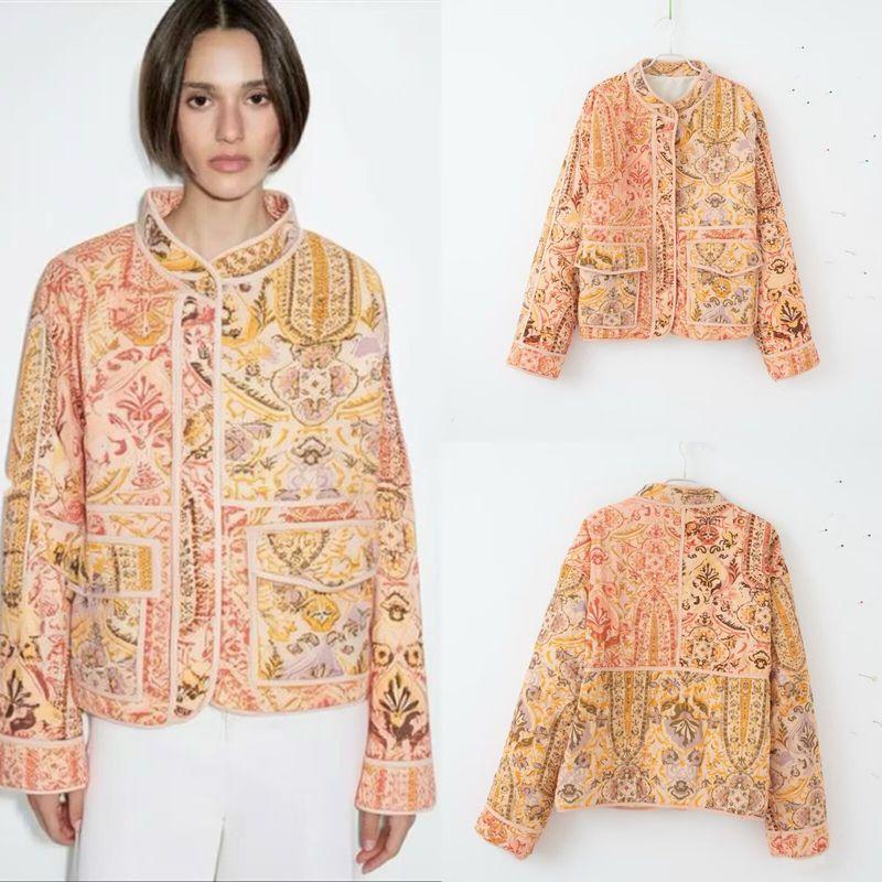 Zbzr Winter and Autumn New Women Clothes Western Style Design Loose All-Match Stand Collar Positioning Print Cotton-Padded Coat Outerwear