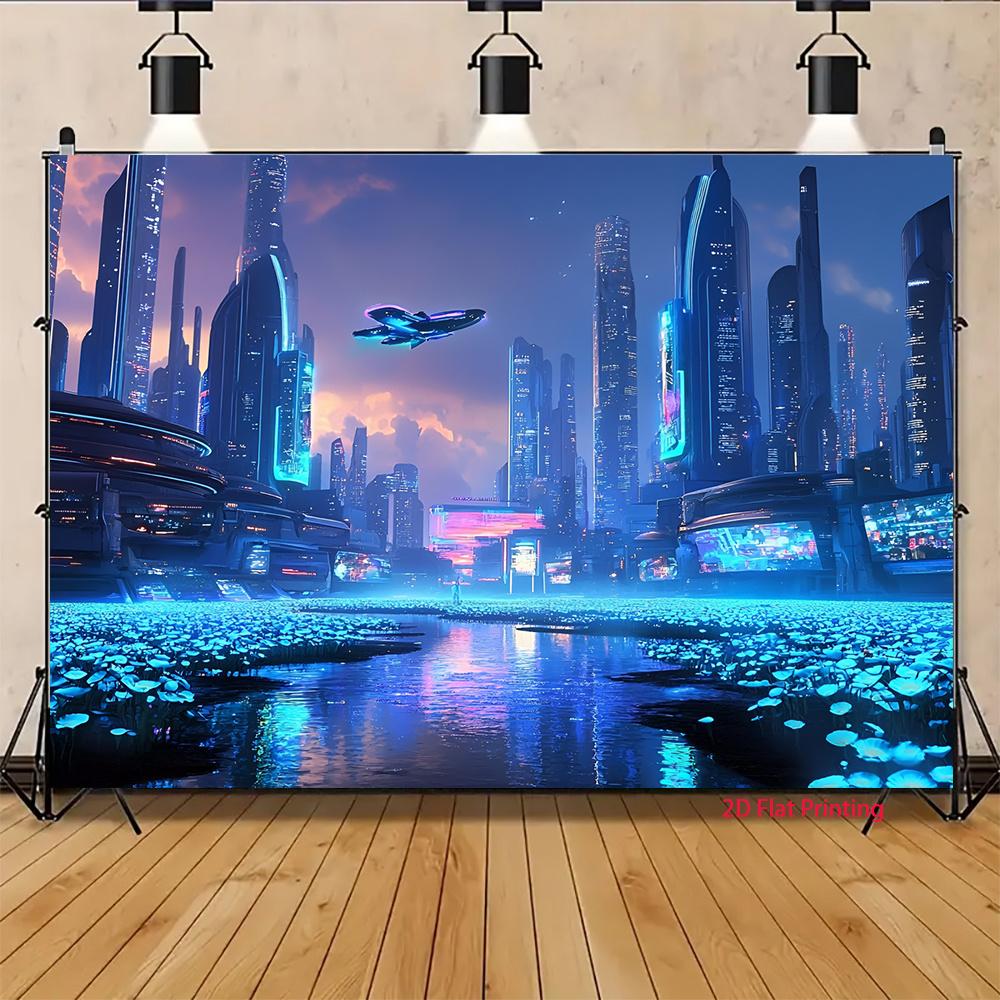 2D Plane Futuristic City At Night Suitable for Party Decoration or Room Design Polyester Fiber
