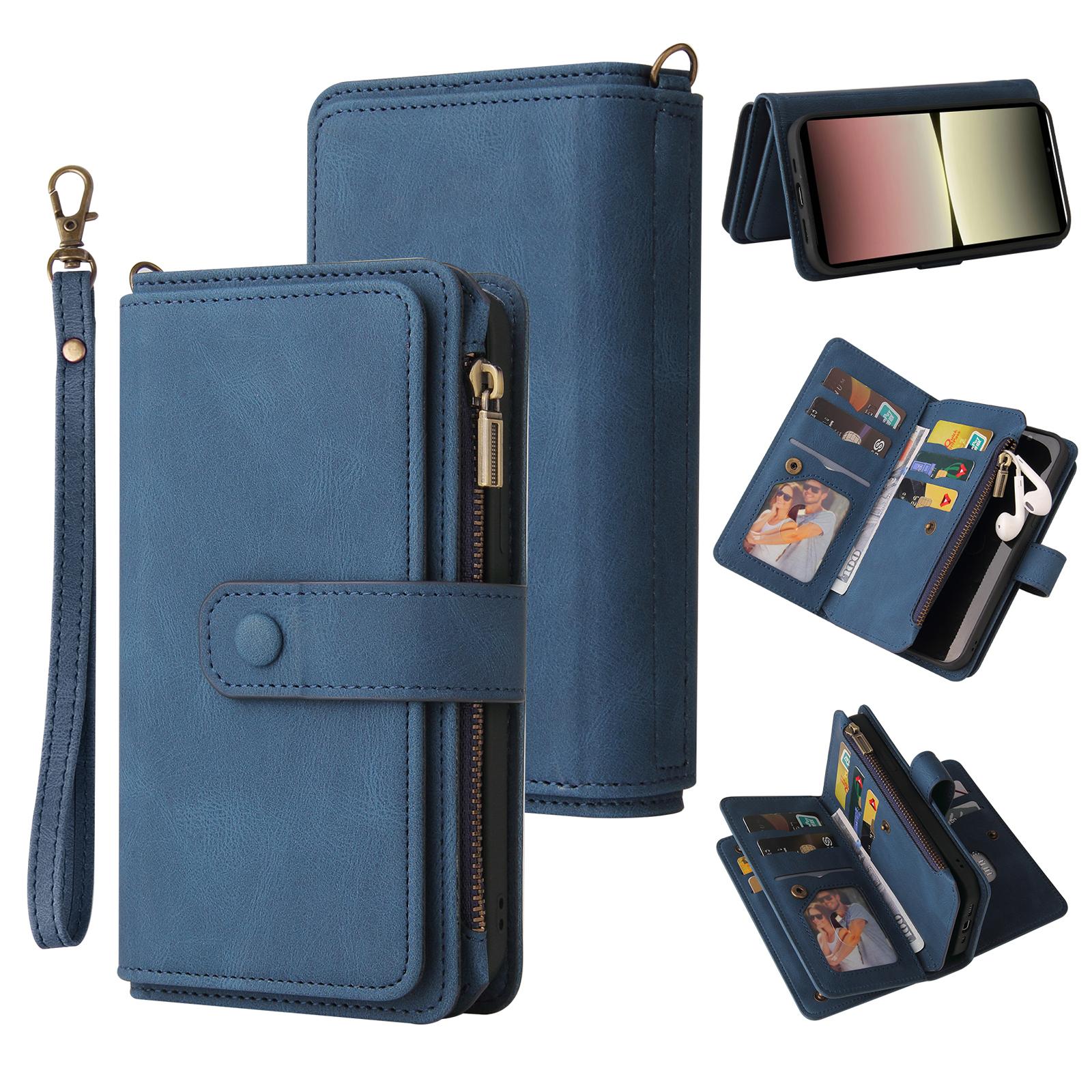 

For Sony Xperia 10 V Zipper Wallet Case with 15 Card Slots and Strap Leather Phone Cover Blue