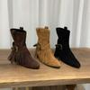 Inner heightening fringed suede Martin boots women's boots 2025 spring and autumn pointed head with skirt western thin boots short boots