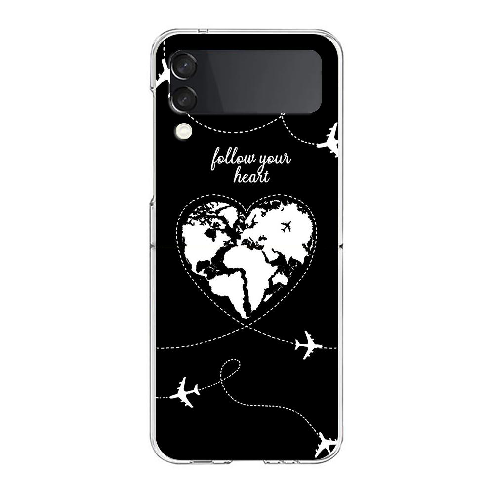 Phone Case For Samsung Galaxy Z Flip 3 4 5 Hard Folding PC Cartoon World map scenery direction For Samsung Z Flip 6 Cover