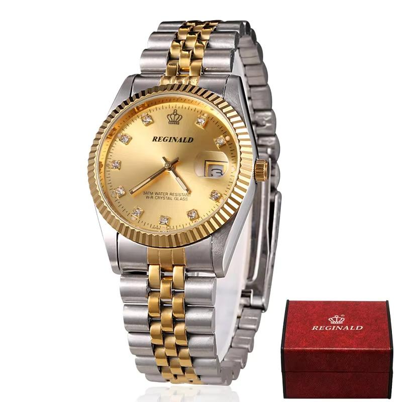 REGINALD Brand Mens Dress Style Business Watch Steel Wristband Golden Men Quartz Watch Valentine's Day Present For Man