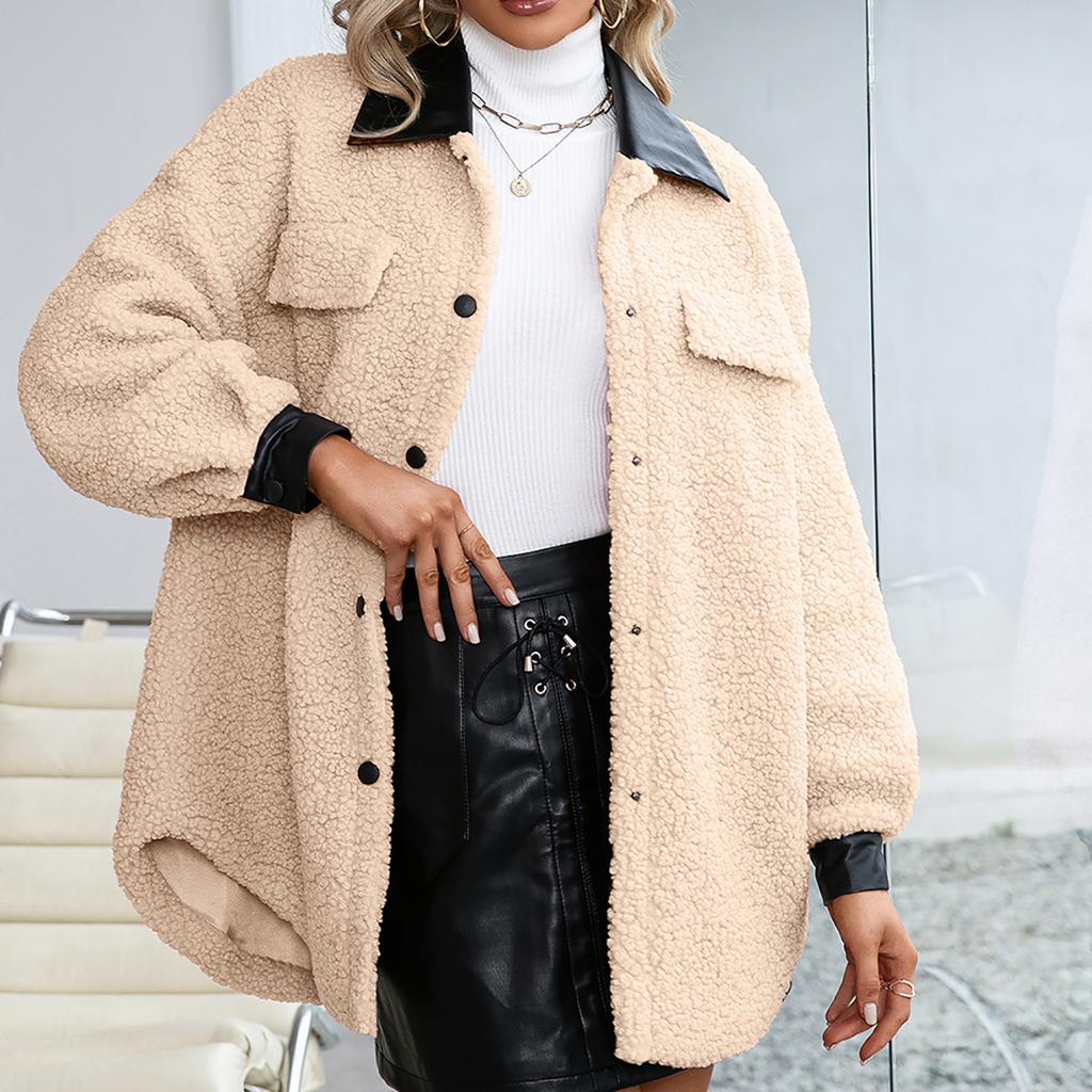 Women's  And Winter Loose Solid Color Stitching Long-sleeved Lapel Lambskin Single-breasted Warm Jacket Coat