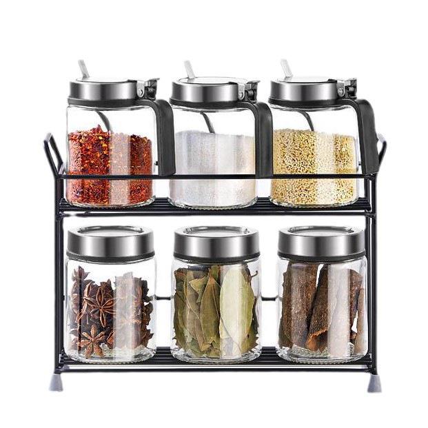 Stainless Steel Glass Kitchen Seasoning Jars Set with Spring Lid & Spoon