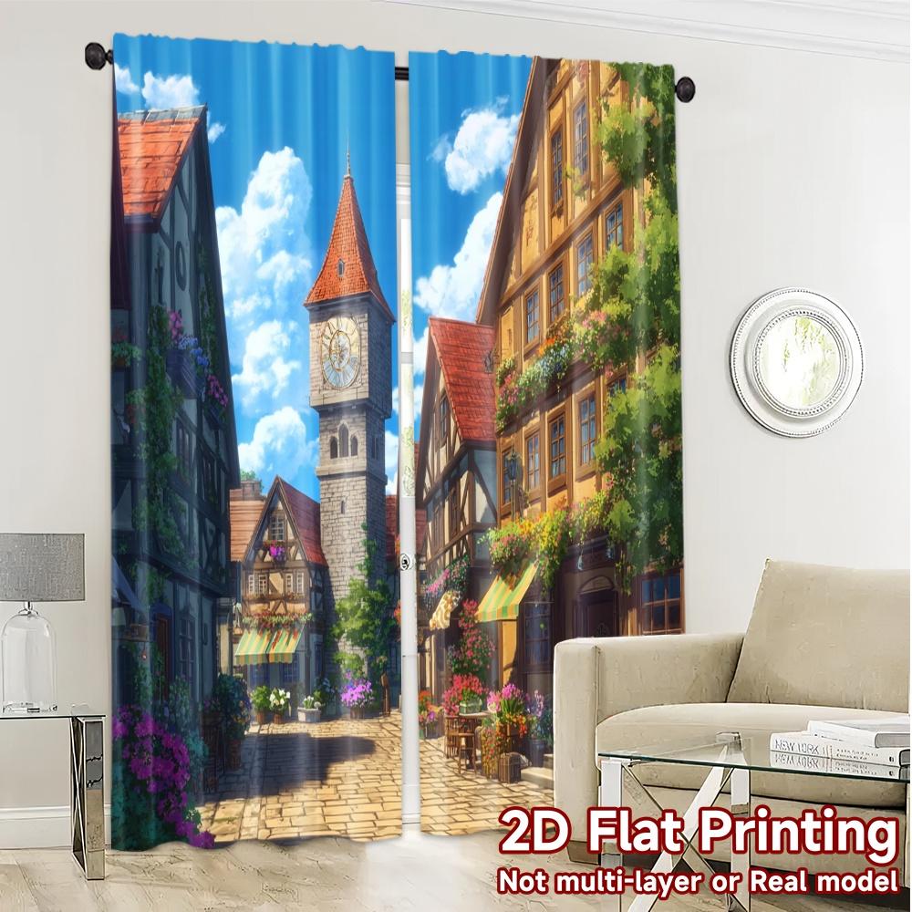 Set Of 2 Flat Printing Curtains Without Rod Charming Village View Popular Print Polyester Holiday Curtain