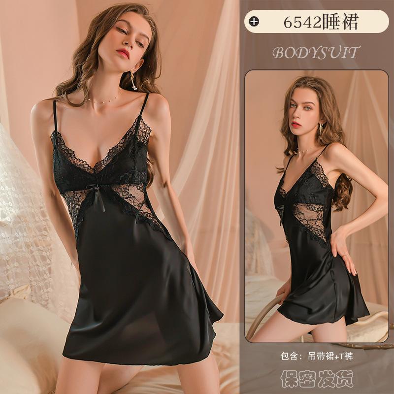 Homewear Sexy Pajamas Women'S Autumn With Chest Pads Lace See-Through Nightgown Set Pure Desire Ice Silk Nightgown 6542