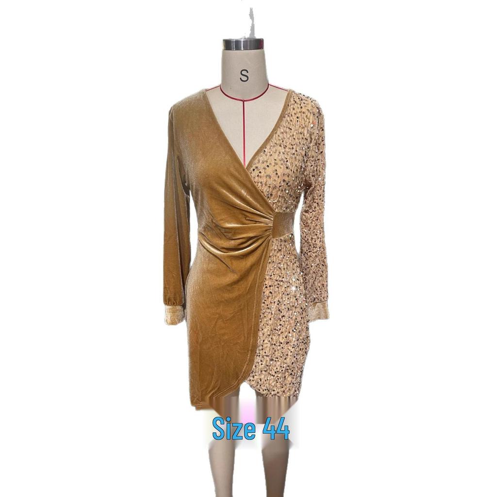 Dar Kesim Payetli Kadife V Yaka Elbise - 2025 Yeni Seksi Moda Avrupa & Amerika İçin