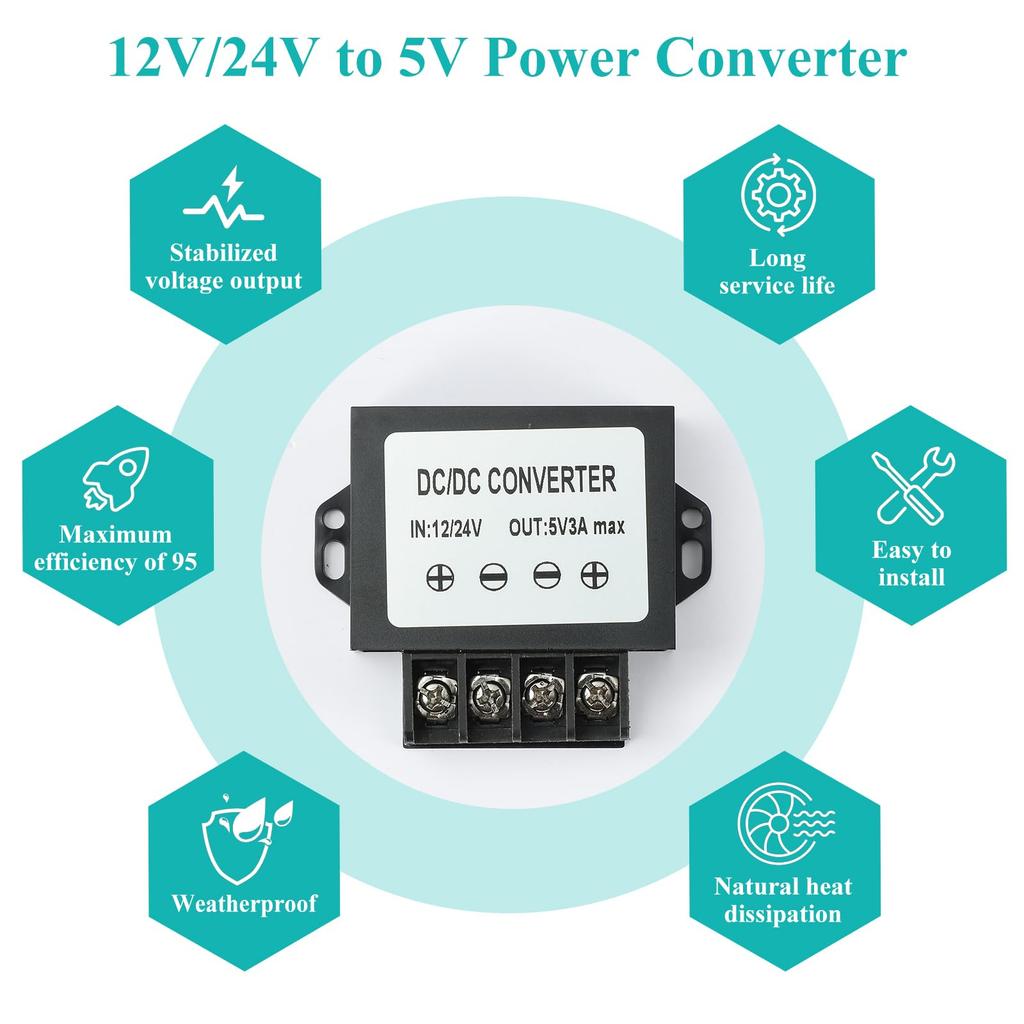 Mzhou 15W DC měnič s dvojitým vstupem na 5V 3A Snadná instalace pro CCTV, obsahuje šroubovák zdarma pro USB napájení 12/24V - Kamera pro nákladní vozidlo/RV, (CE