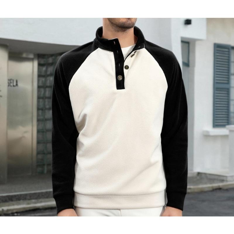 New Men's Casual Sports Pullover Four-Button Stand Collar Contrast Color Versatile Sweatshirt