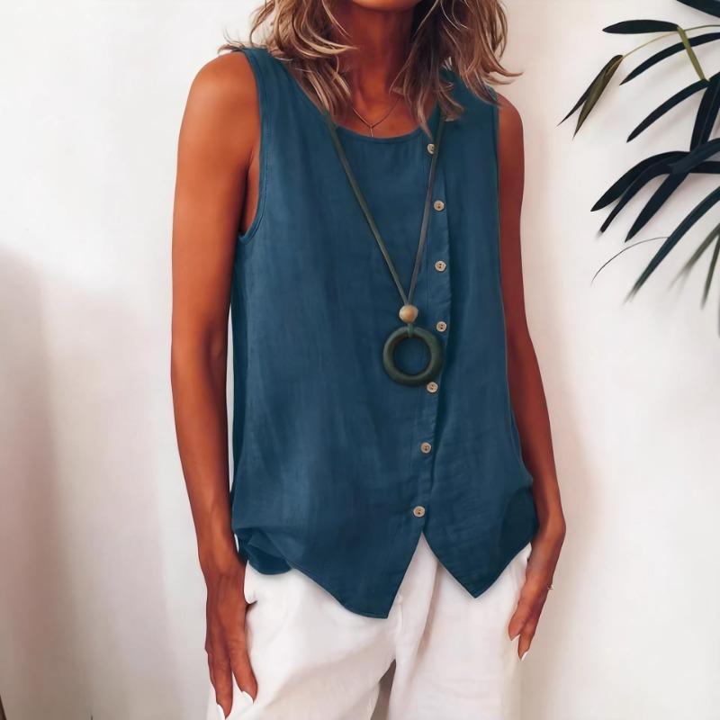 Damen Boho Locker Übergröße Diagonal Knopf Ärmellos Hemd Tanktop