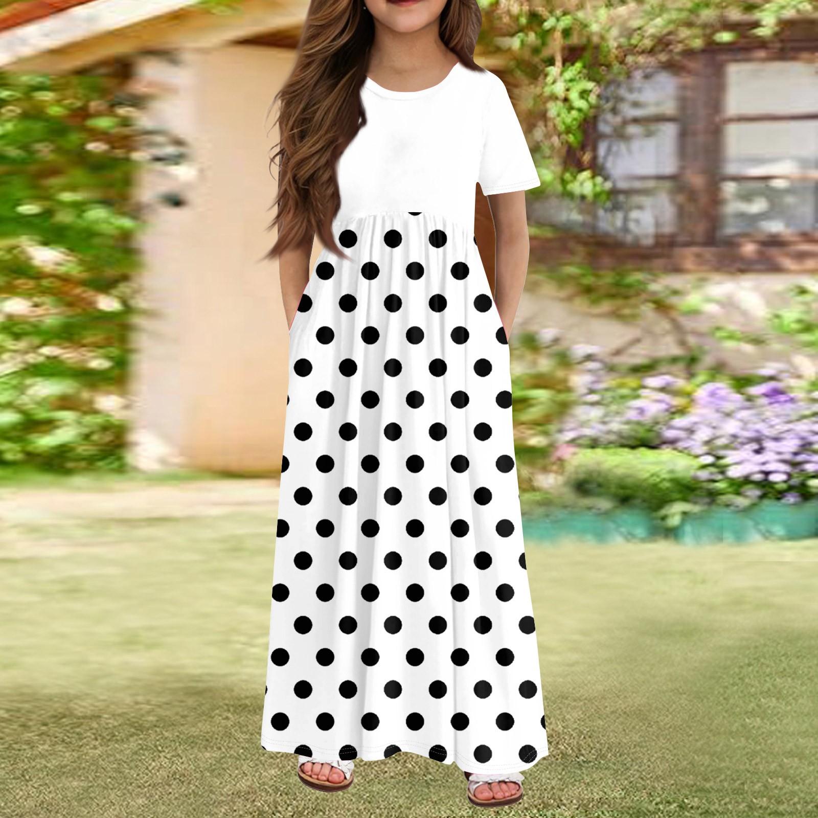 

Довга літня сукня для дівчаток - сукня максі з короткими рукавами та кишенями для дітей віком 4-14 років 110 білий