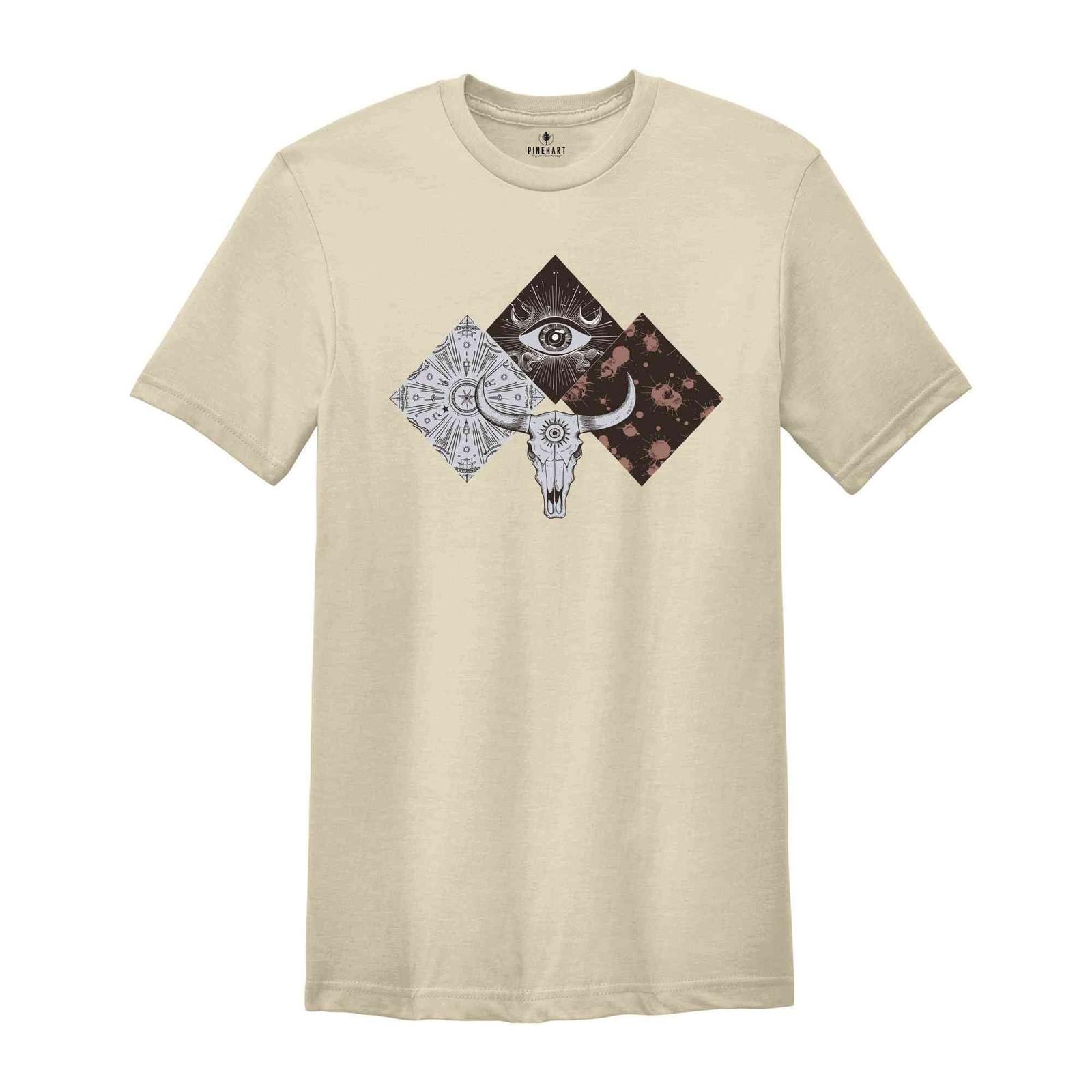 Boho Bull Skull Shirt, Country Shirt, Farmer tshirt, Cowboy Rodeo Shirt, Cowgirl S разноцветный