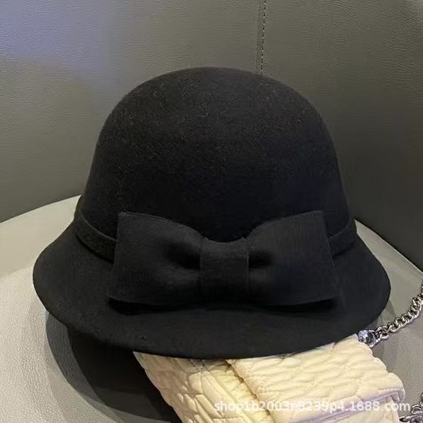 Temperament: woolen bow pot hat for women, winter versatile elegant warm bucket hat, Hepburn-style French daughter topper
