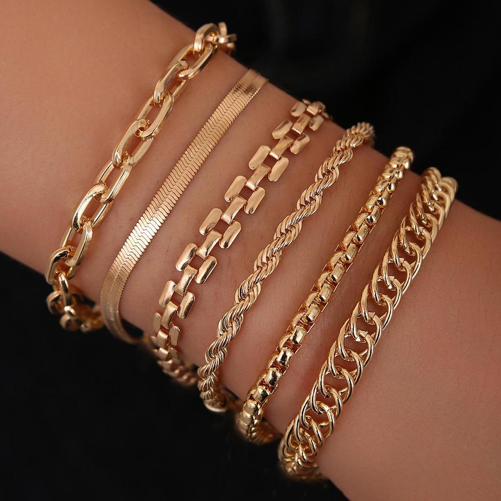 SHEIN Women's 6-Piece Fashion Bracelet Set with Alloy Beads and Box Chain