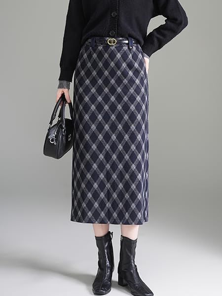 Syvent Narrow Long Plaid Plus Elastic Midi High Long Skirt with Simple ZSY111 A-Line Skirt, Skirt, Pattern, Size, Waist, Tweed, Slit, Length, Waist,