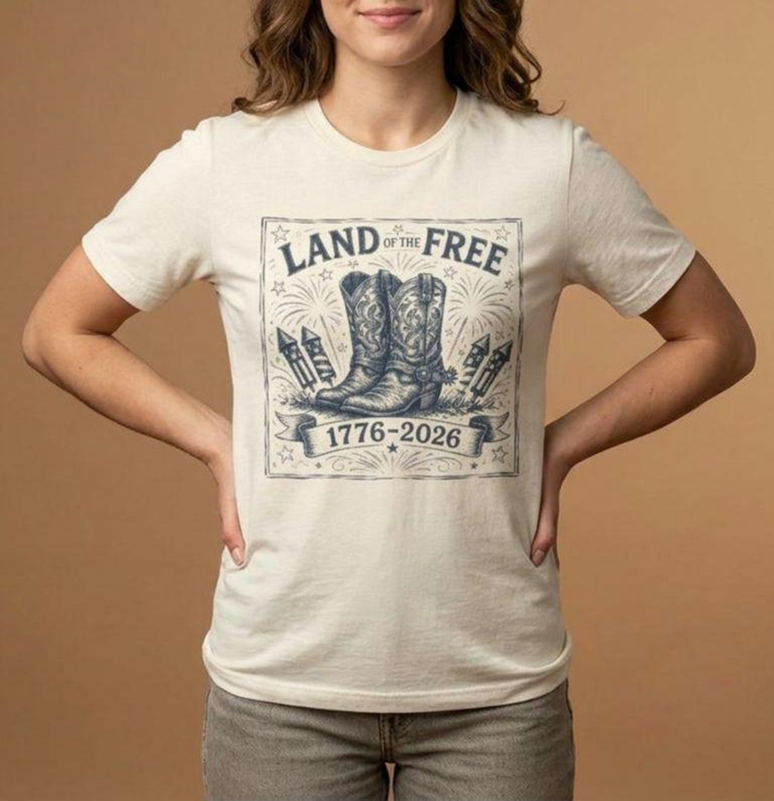 Land of the Free Cowboy Boots 1776-2026 T-Shirt | Patriotic Americana Tee 2XL