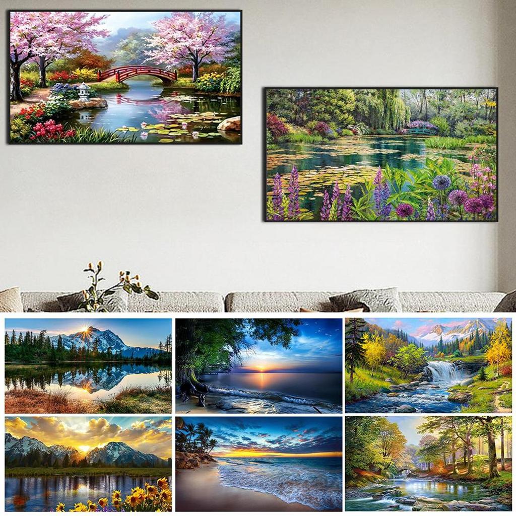 2pcs Landscape 5D DIY Full Drill Round Diamond Painting Kit for Home Wall Decor