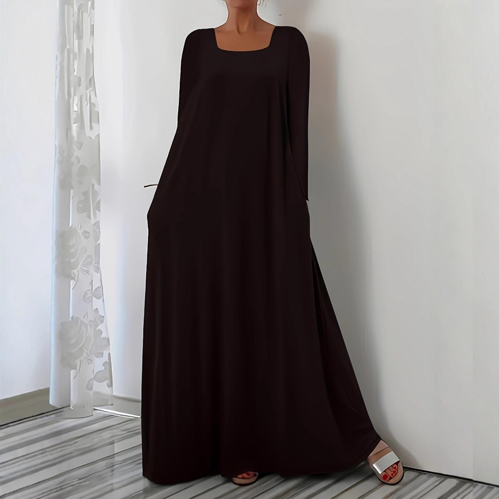 

Women s Fashionable Solid Color Square Neck Long Sleeved Casual Loose Fitting Pullover Long Dress XL чёрный