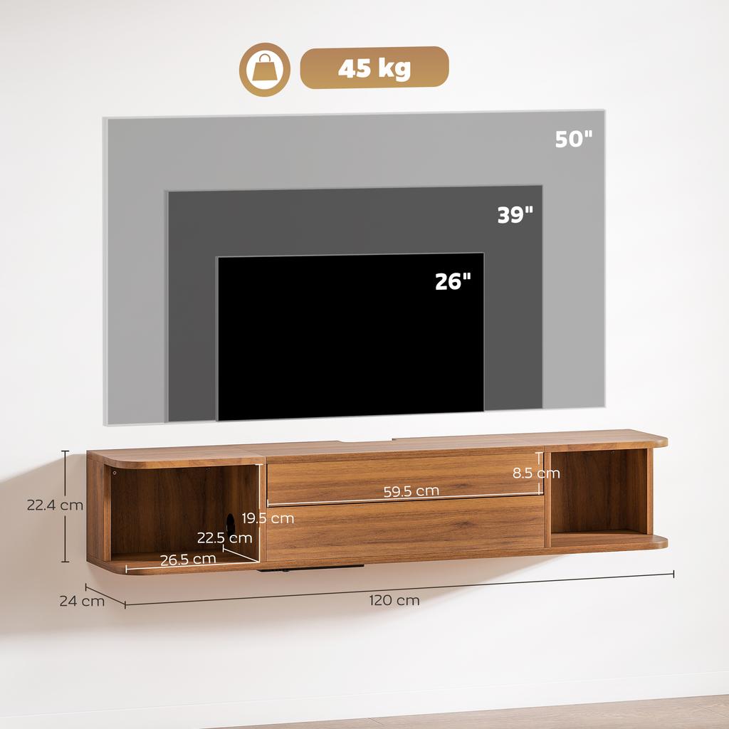 Wall-Mounted TV Cabinet for TVs Up To 50" with Power Outlets, USB and Type C, Drawer and Shelves, 120x24x22.4 Cm, Walnut