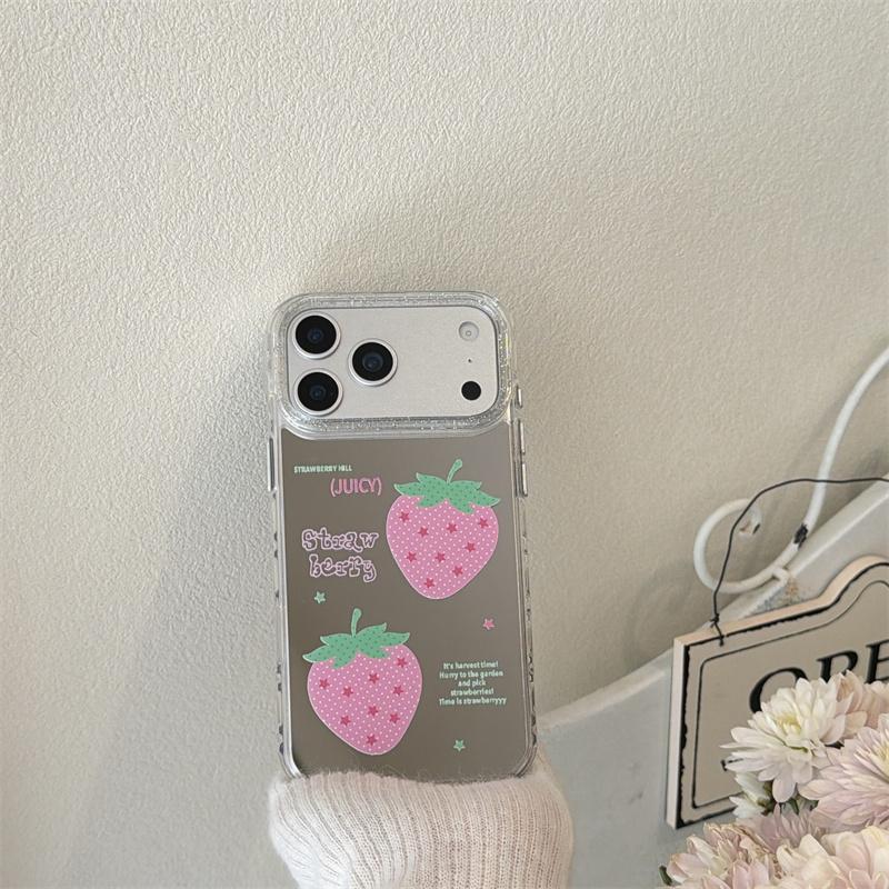 New 2026 Mirror Surface Pink Polka Dot Strawberry Phone Case For iPhone 17 Pro 16 15 14 17 Pro Max Shockproof Cover Girl