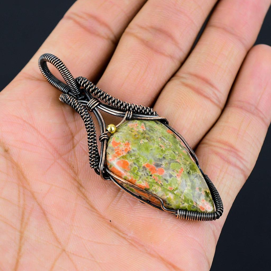 Unakite Gemstone Pure Copper Wire Wrapped Handmade Pendant Jewelry For Gift